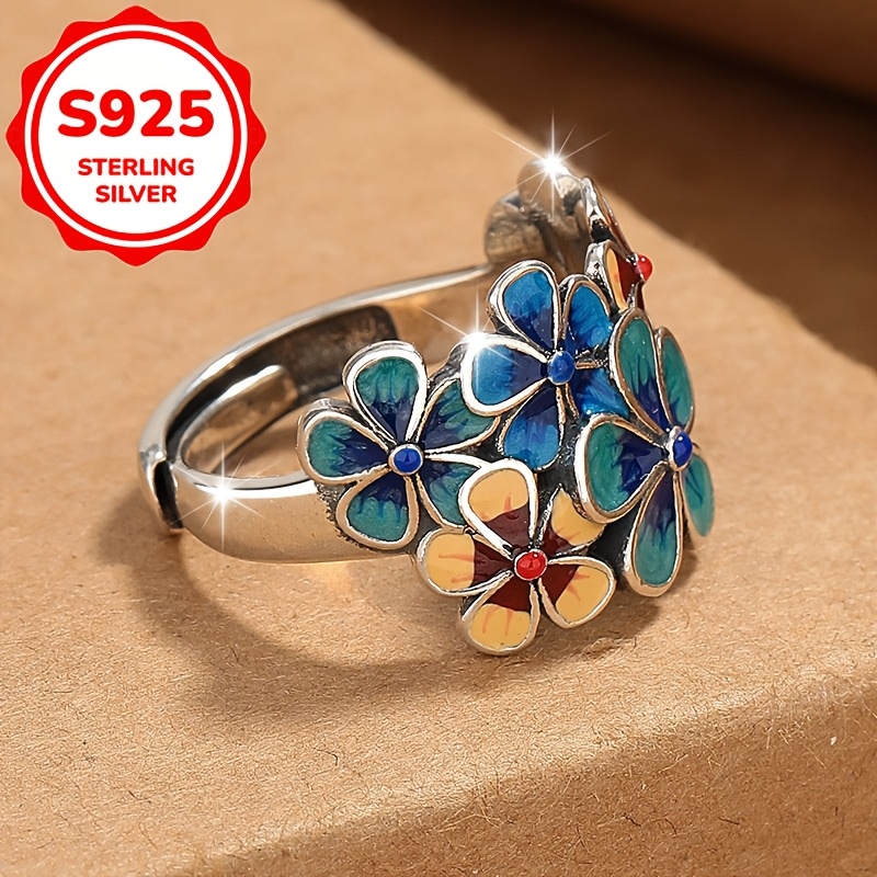 S925 Silver Enamel Floral Ring — Vintage Adjustable Gift